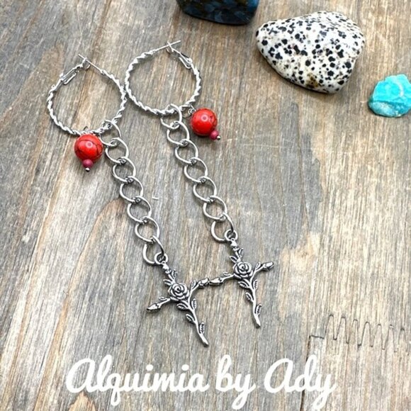 Silver bamboo coral extra long cross statement earrings - Picture 1 of 3